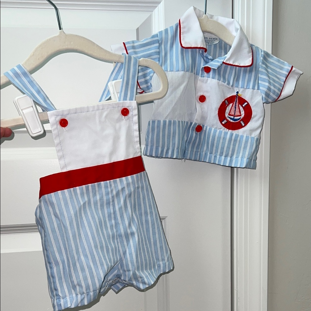 VINTAGE Blue and White Striped Two Piece Baby Romper - Nautical Boat